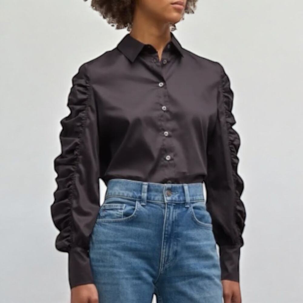 Harshman Juliana Black Cotton Ruched Sleeve Shirt NWT M